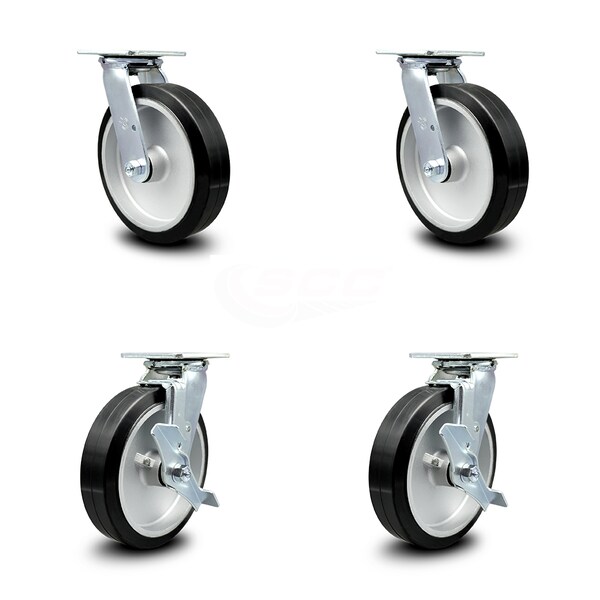 Service Caster 8 Inch Rubber on Aluminum Swivel Caster Set with Roller Bearing 2 Brake SCC SCC-30CS820-RAR-2-TLB-2 - main